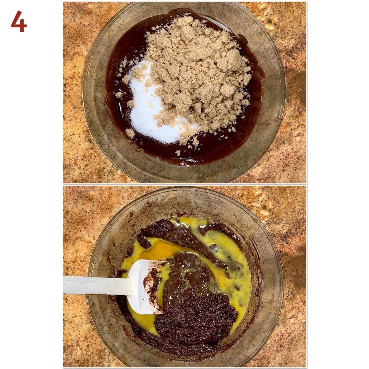 Collage of adding sugars, eggs, and vanilla to melted chocolate mixture.