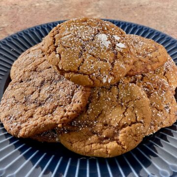 Molasses cookies on a blue plate.