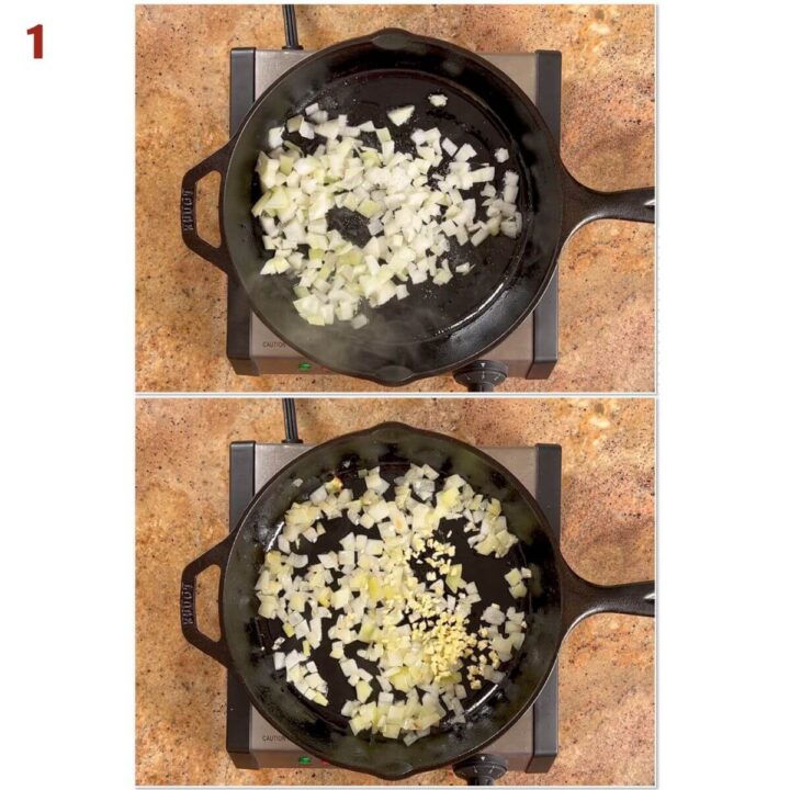 Collage of cooking onions and garlic.