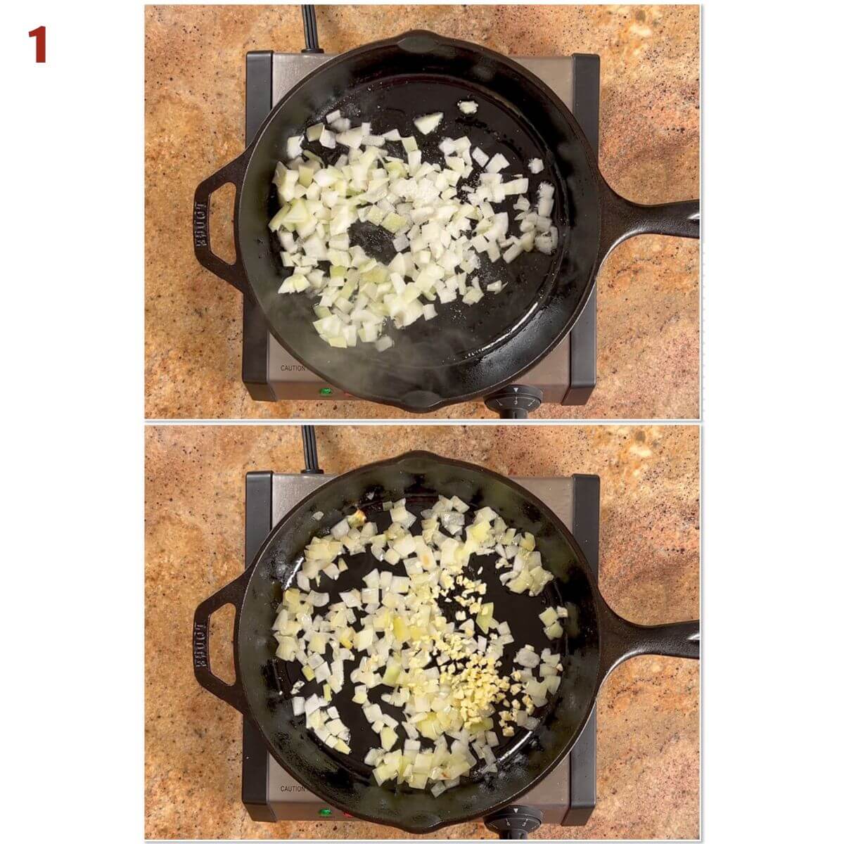 Collage of cooking onions, garlic, and ground beef.