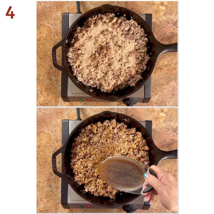 Collage of spicing and adding beef stock to Moroccan Beef Pie filling.