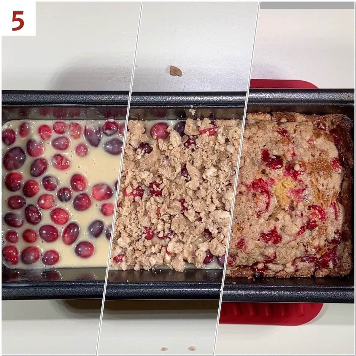 Collage of Glazed Orange Cranberry Bread before & after baking in the baking pan.