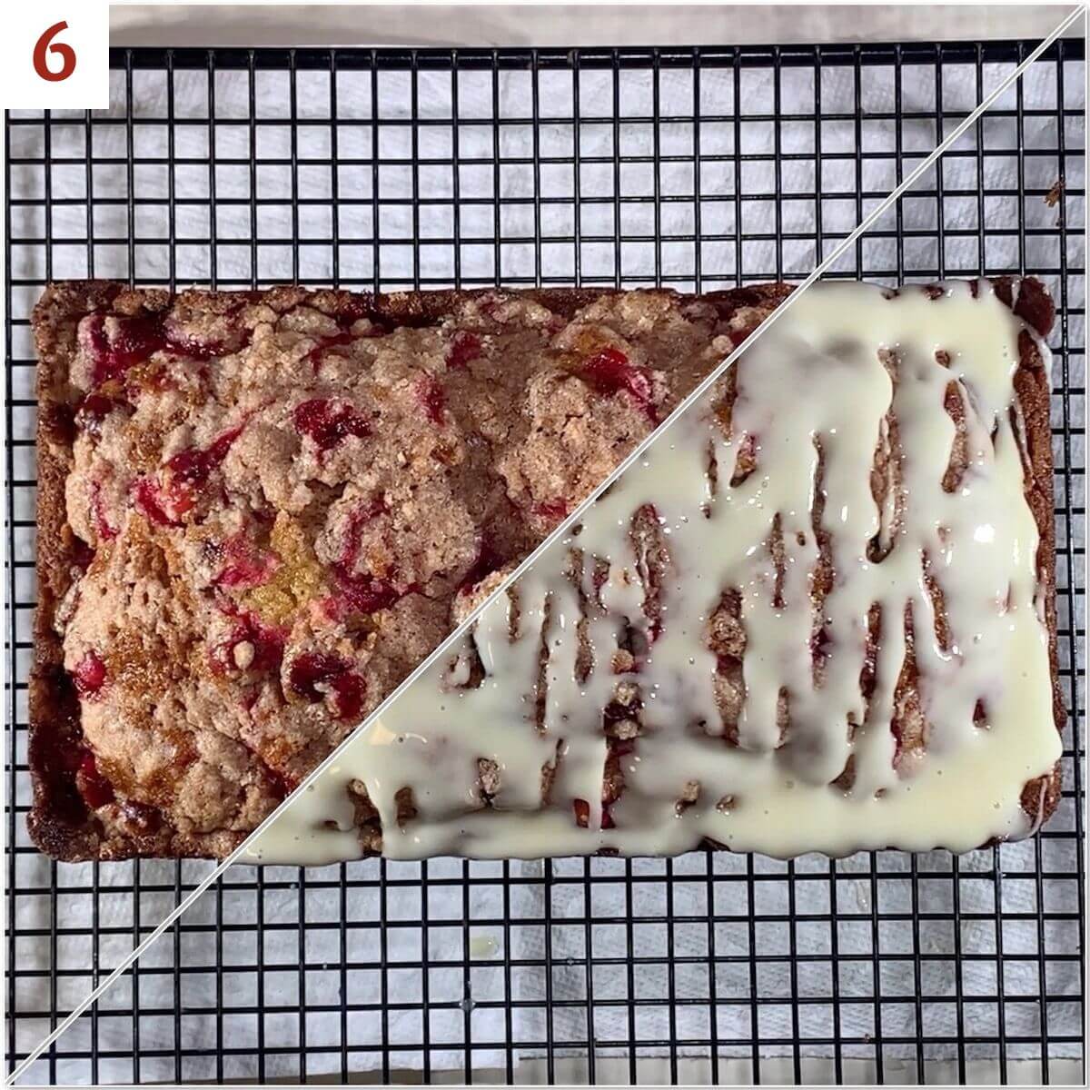 Collage of Glazed Orange Cranberry Bread before & after glazing on a cooling rack.