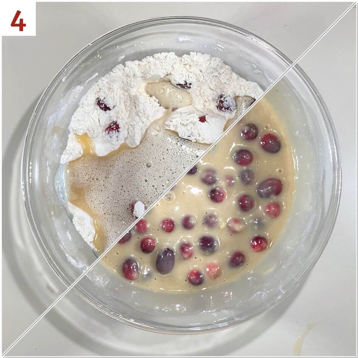 Collage of making cranberry bread batter.