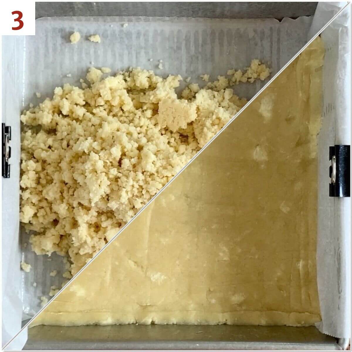 Collage of before and after pressing shortbread dough in a square baking pan.