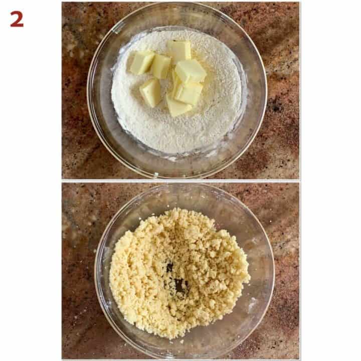 Collage of before and after beating in the softened butter for the shortbread base.