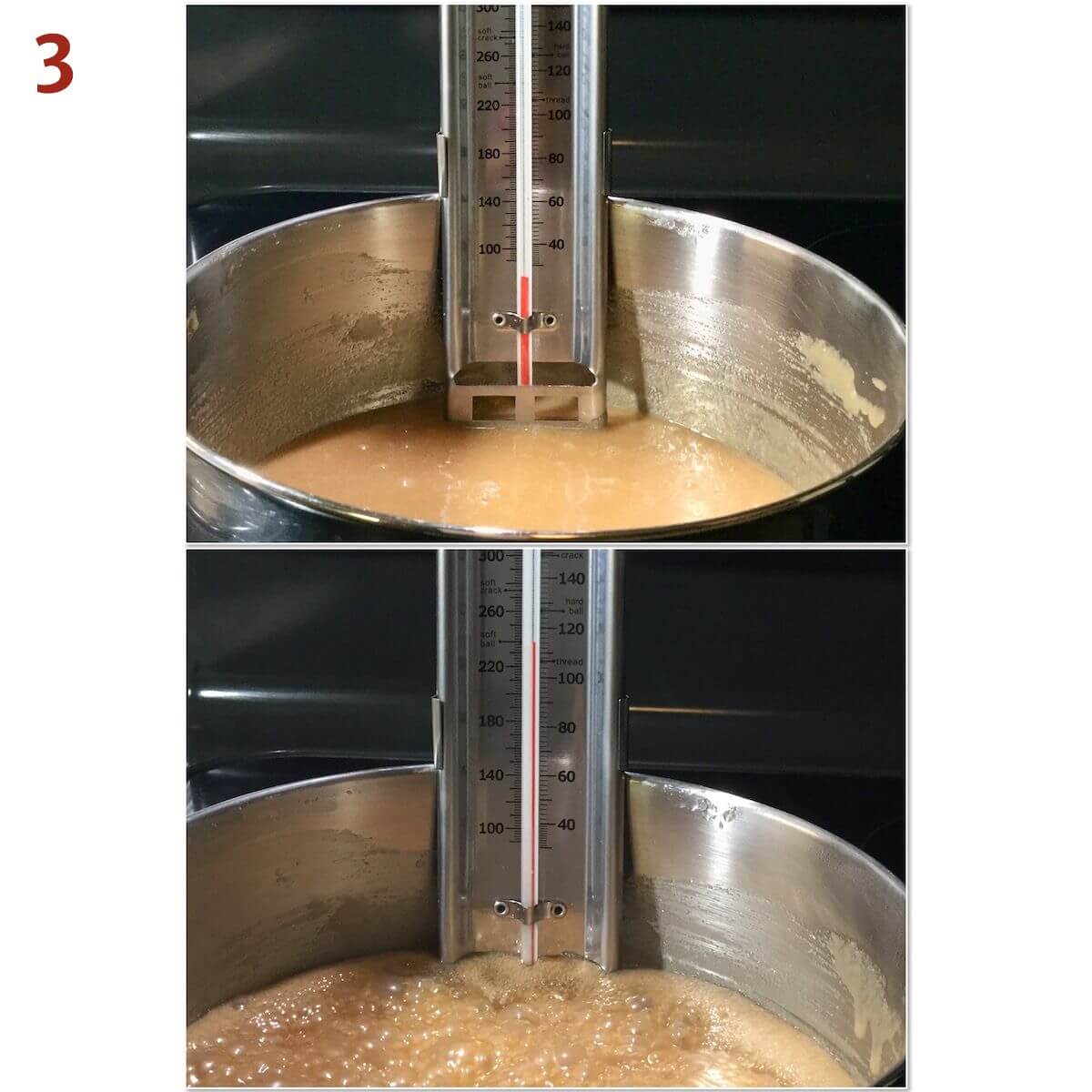 Collage of temperature change when making candy before & after reaching soft ball stage.