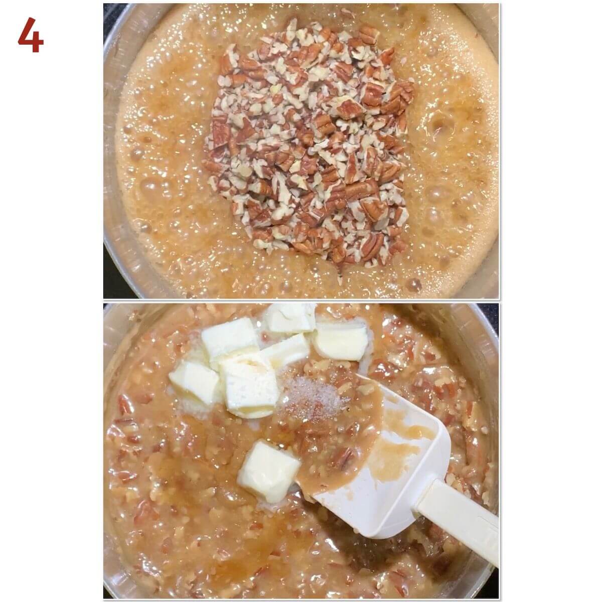 Collage of finishing making pralines by adding pecans and butter.