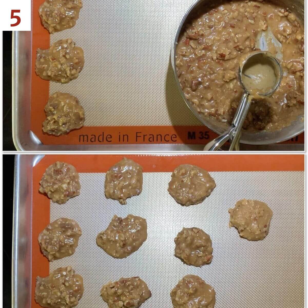 Collage of portioned praline batter onto a Silpat-lined baking pan.