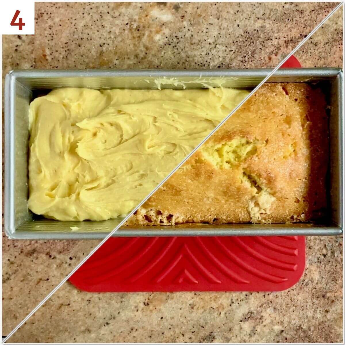 Collage of pound cake before and after baking.