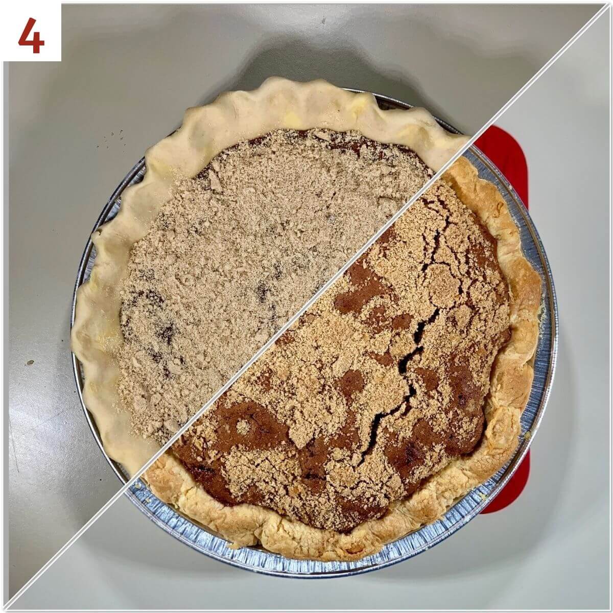 Collage of Shoofly Pie before and after baking.