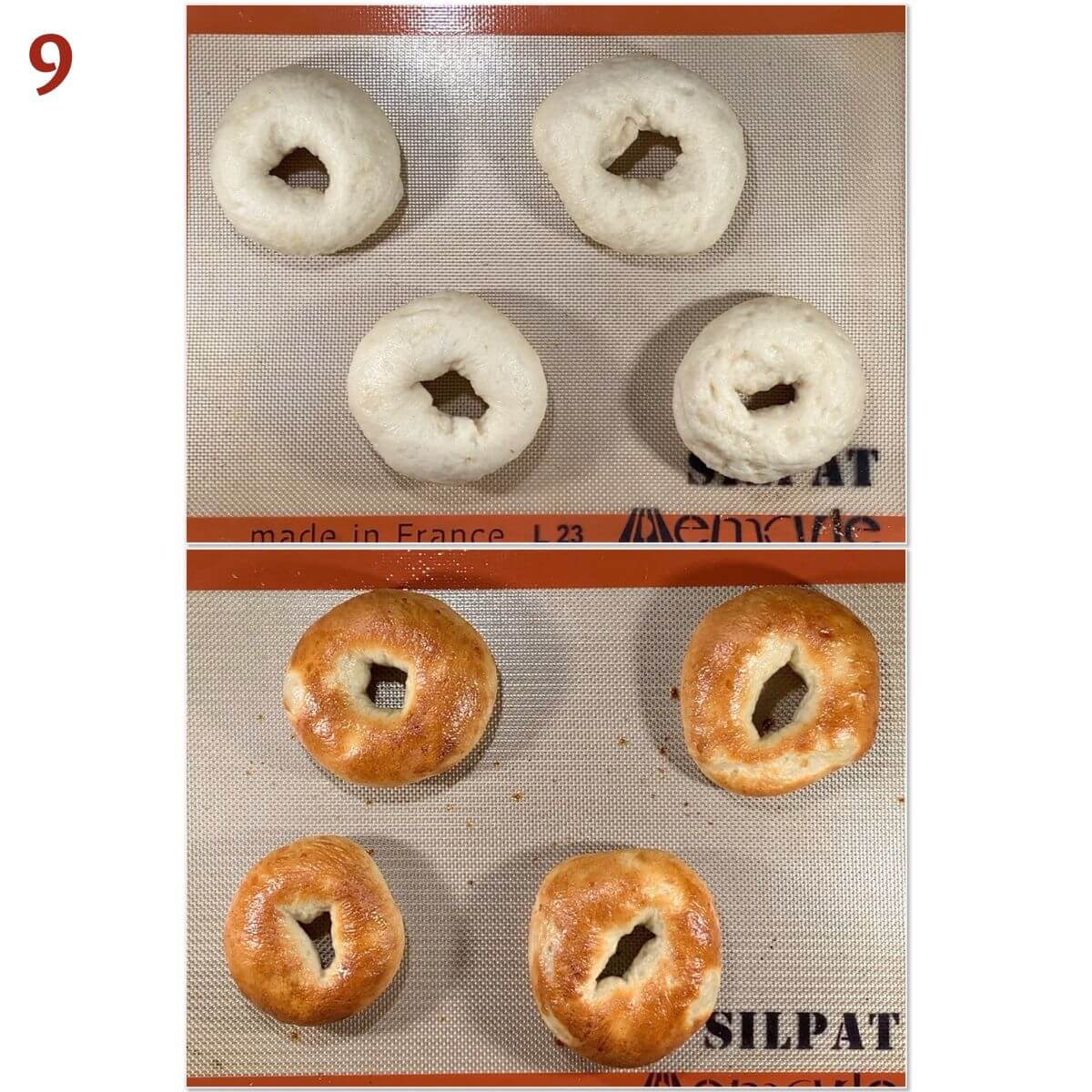 Collage of before & after baking bagels.