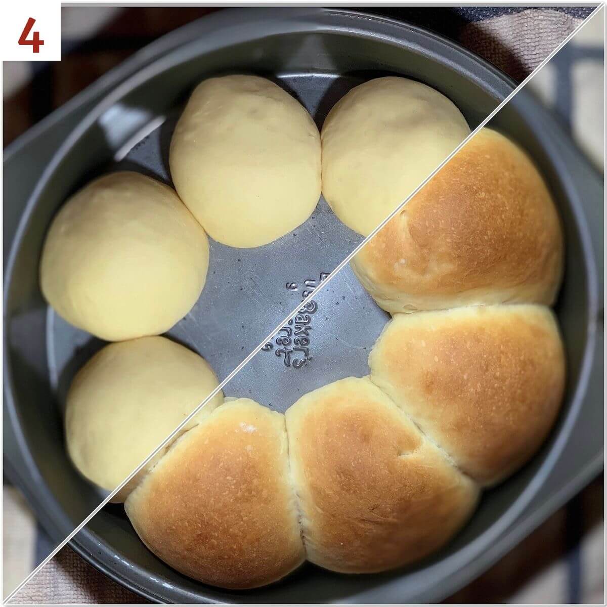 sourdough dinner rolls before & after baking collage