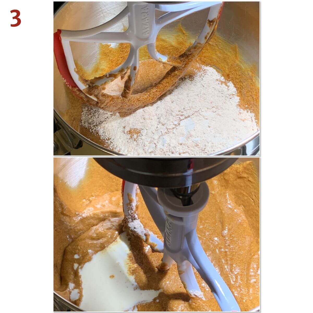 Collage of adding flour mixture, water, and cream into gingerbread batter.