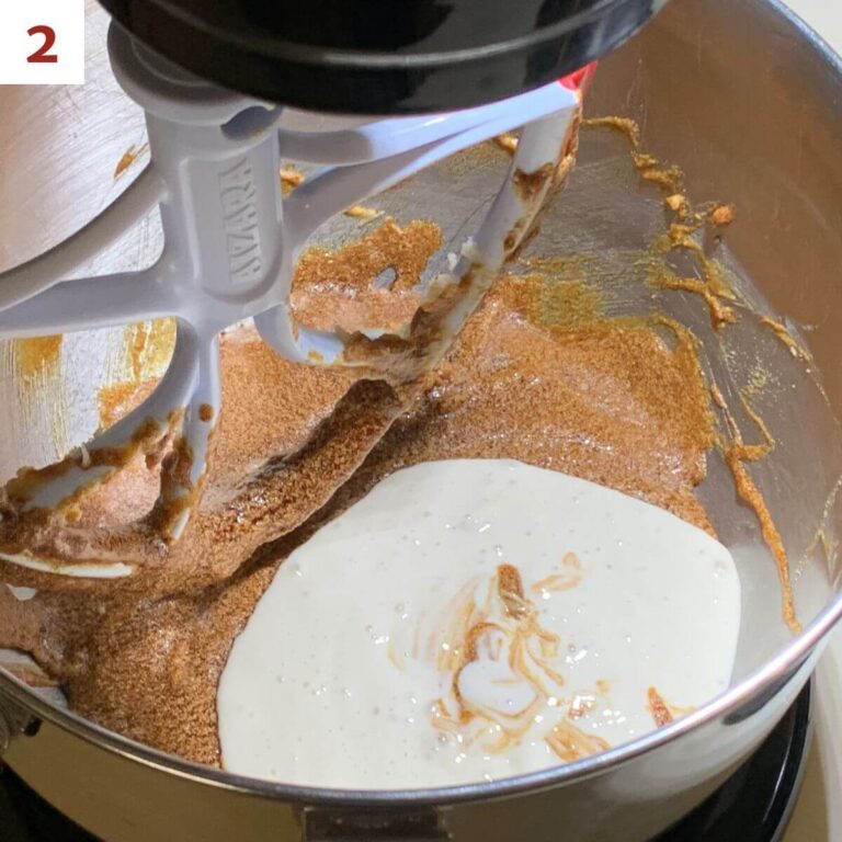 Collage of adding eggs, sourdough starter, & baking soda to gingerbread batter.