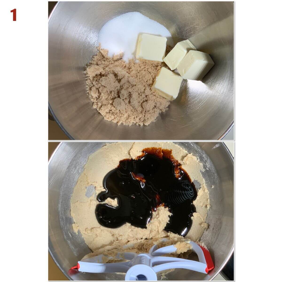 Collage of mixing sugar, butter, brown sugar, and molasses for gingerbread batter.