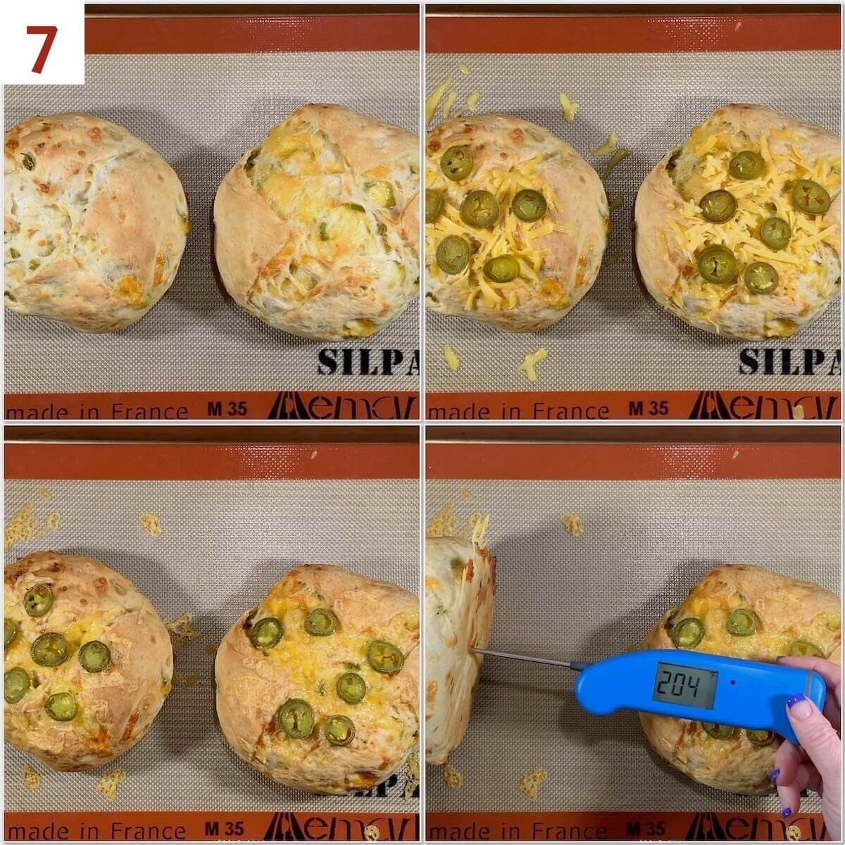 Collage of Sourdough Jalapeño Cheddar Bread before & after baking from overhead.