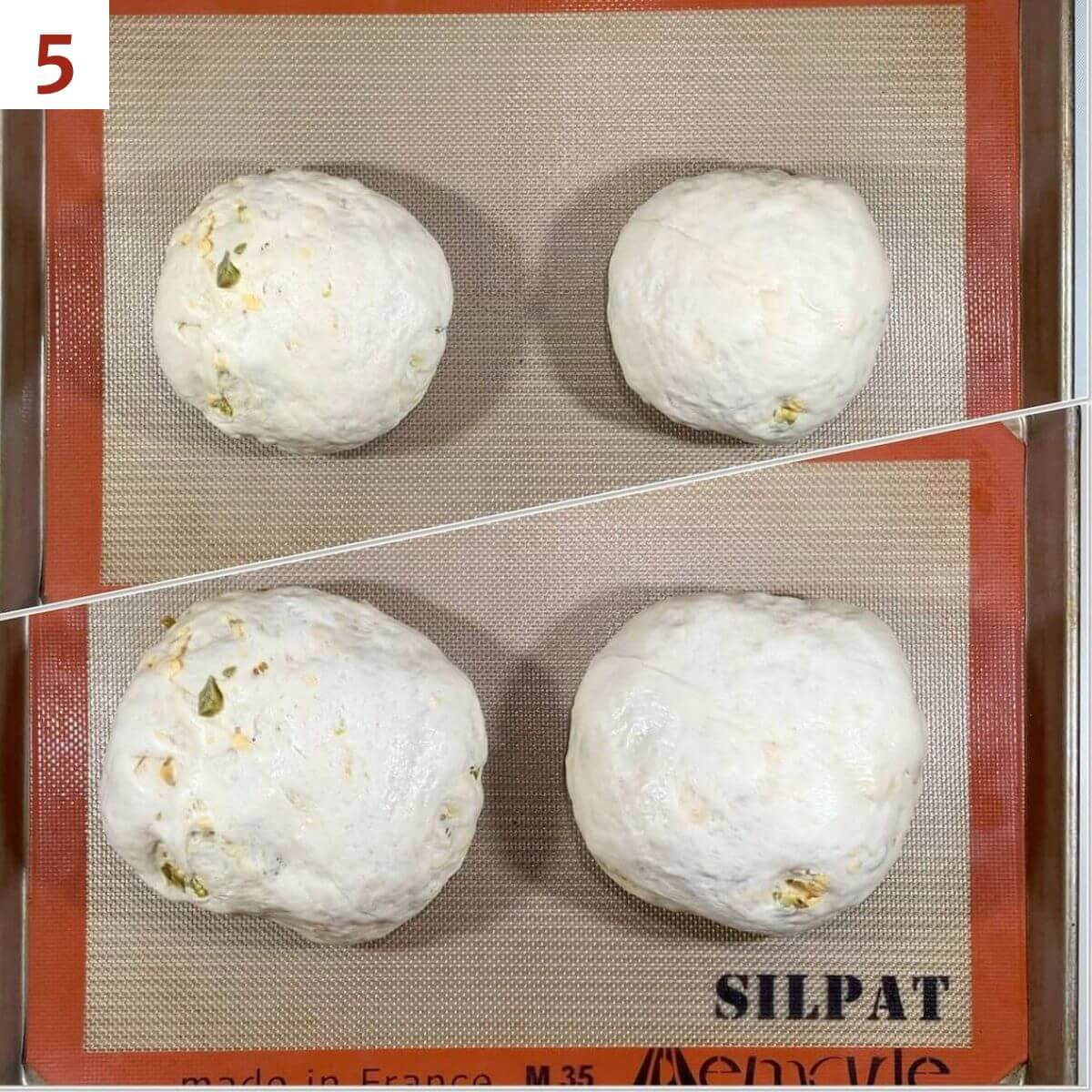 Collage of stuffed bread dough before & after 2nd rise on tray from overhead.