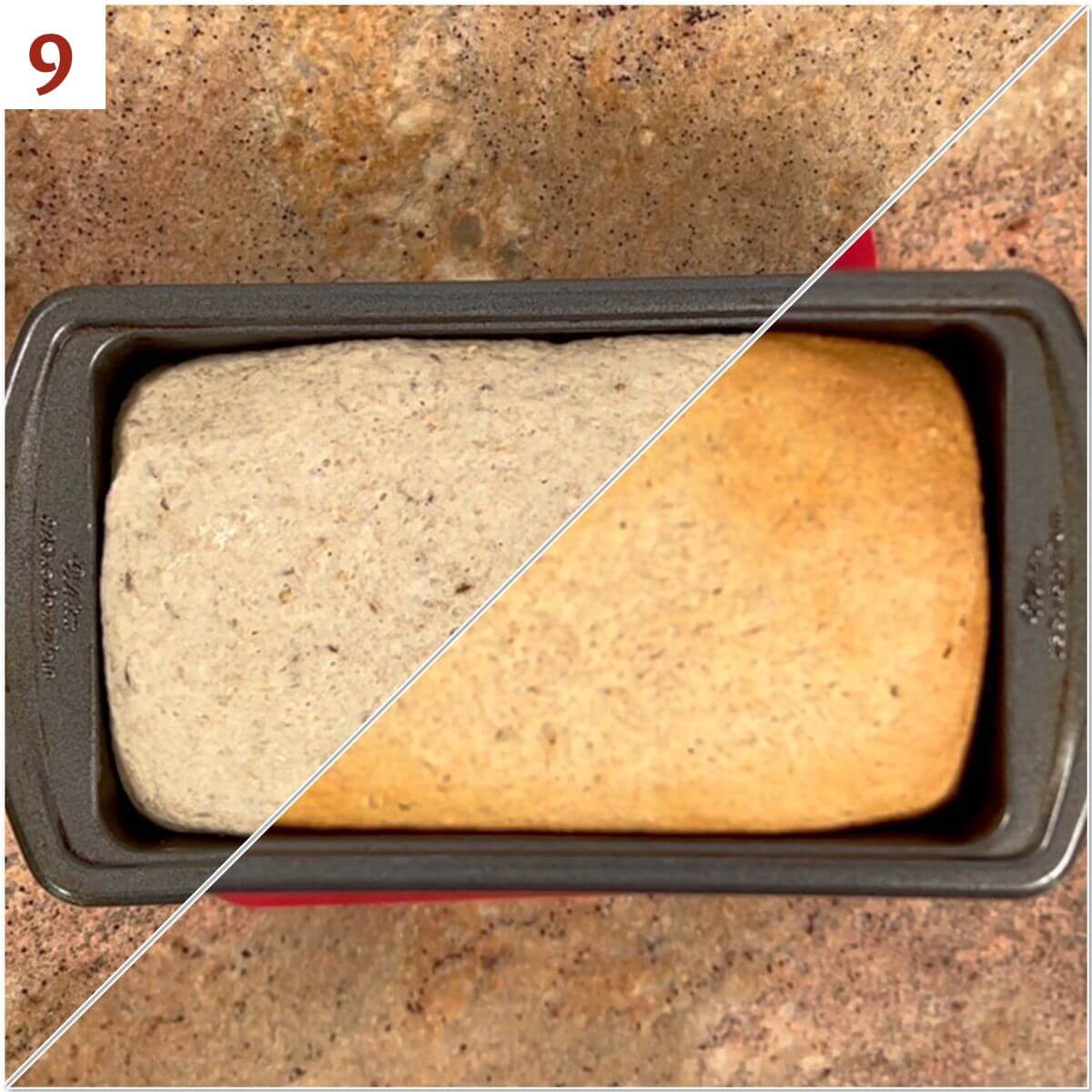 Collage of Sourdough Rye Sandwich Bread before & after baking.