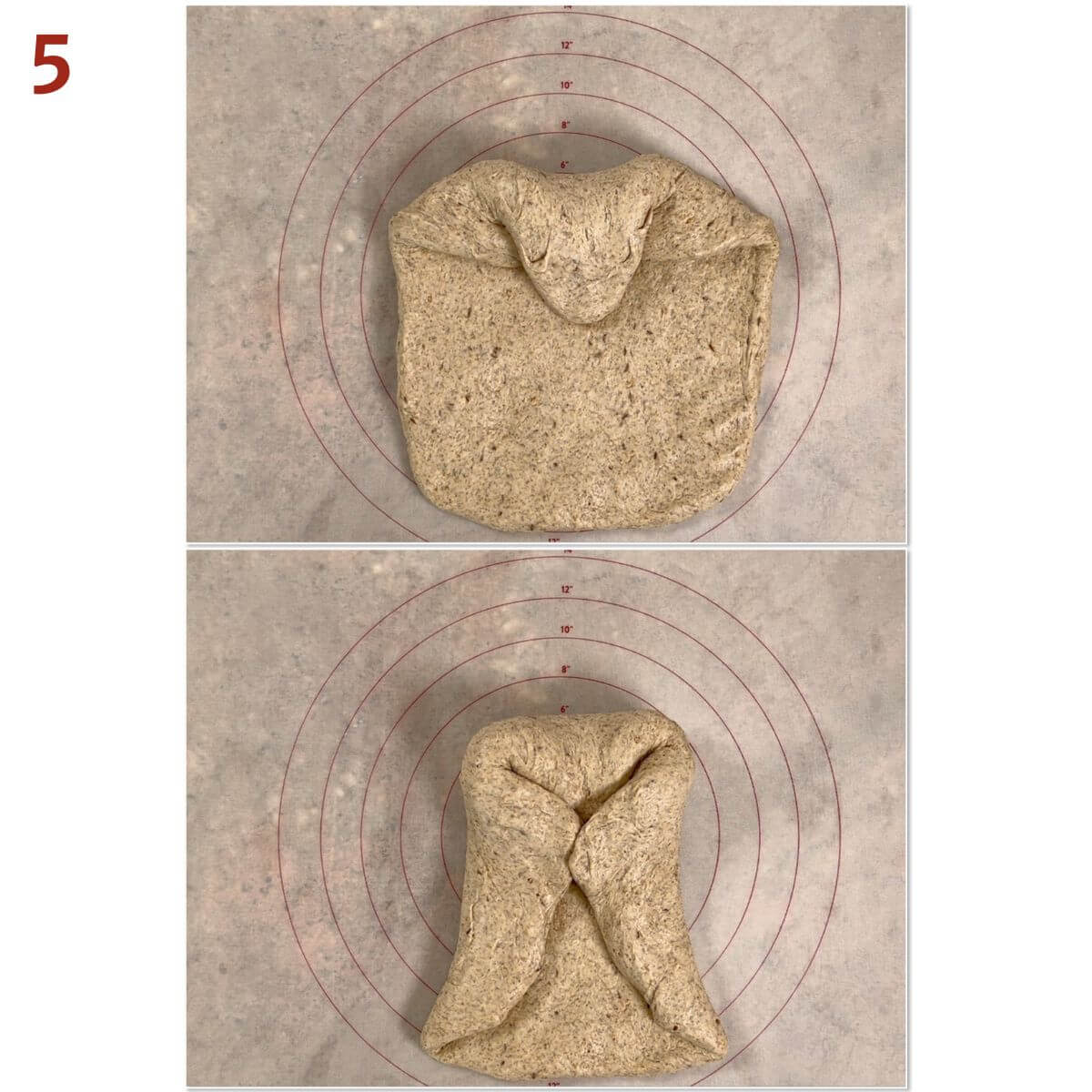 Collage of first folding dough to shape into a loaf.