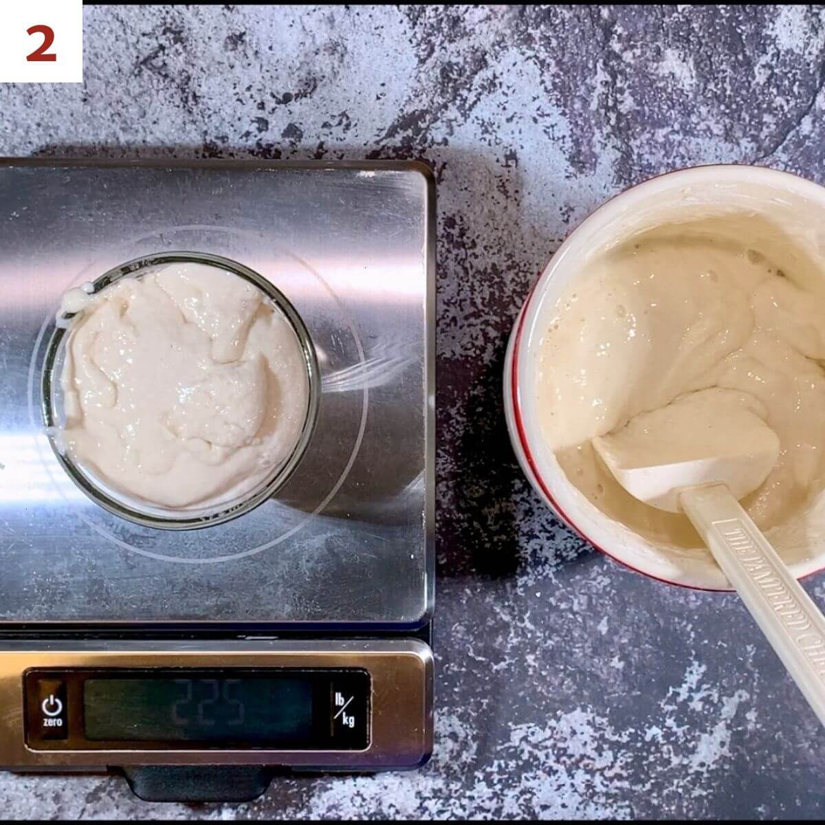 Sourdough starter discard on a scale next to crock of starter.