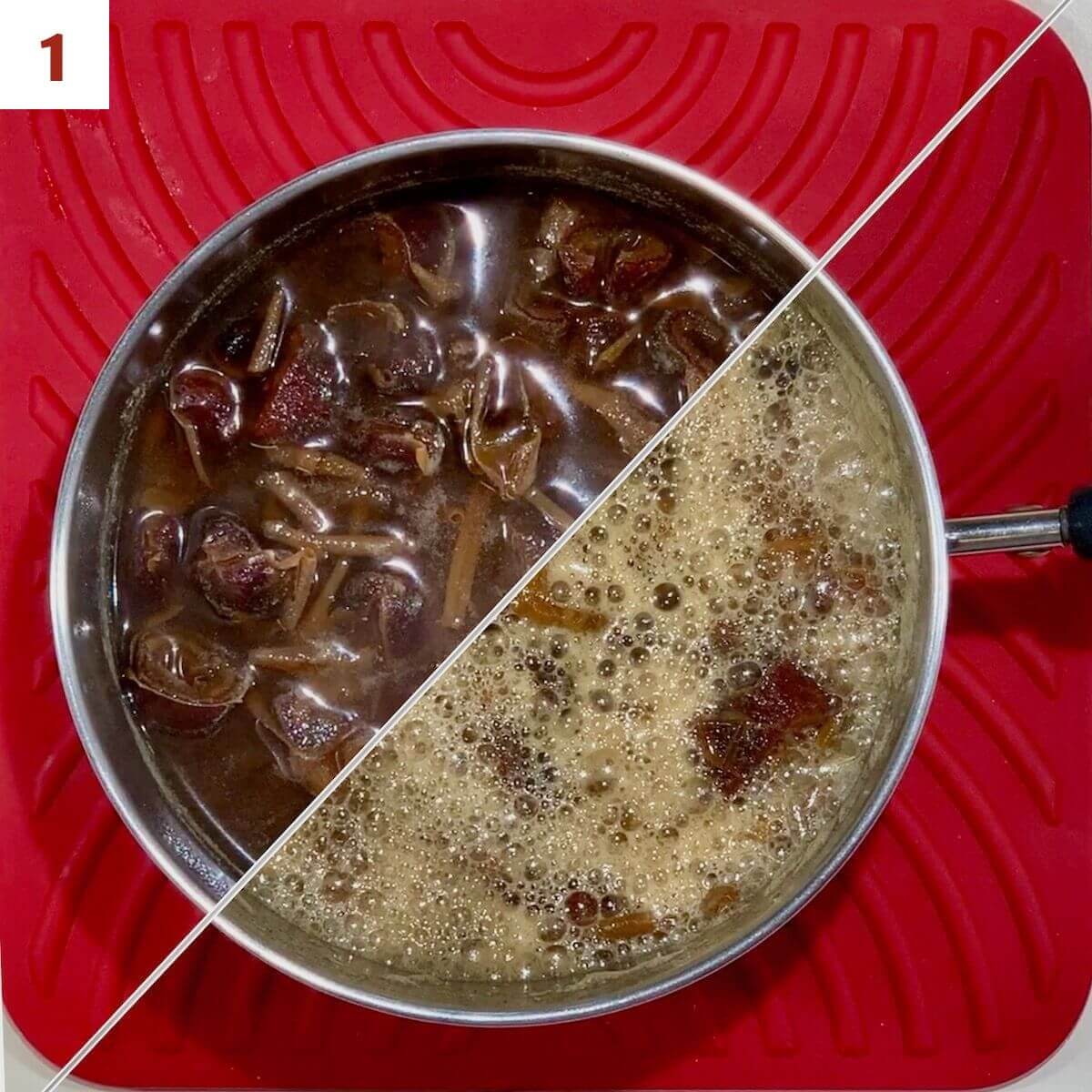 Collage of soaking dates in a saucepan on a red trivet.