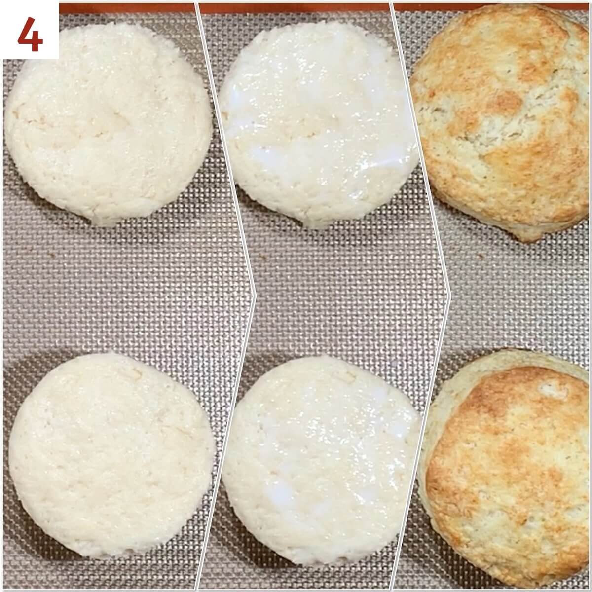 Collage of shortcake biscuits before & after baking.