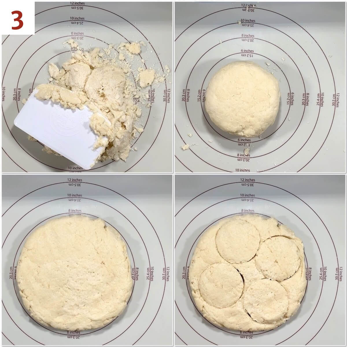 Collage of cutting out shortcake biscuit dough.