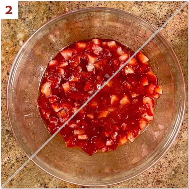 Collage of before and after mashing the macerated strawberries.