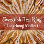 The finished drizzled tea ring on a cooling rack Pinterest banner.