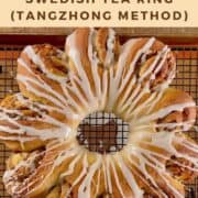 The finished drizzled tea ring on a cooling rack Pinterest banner.