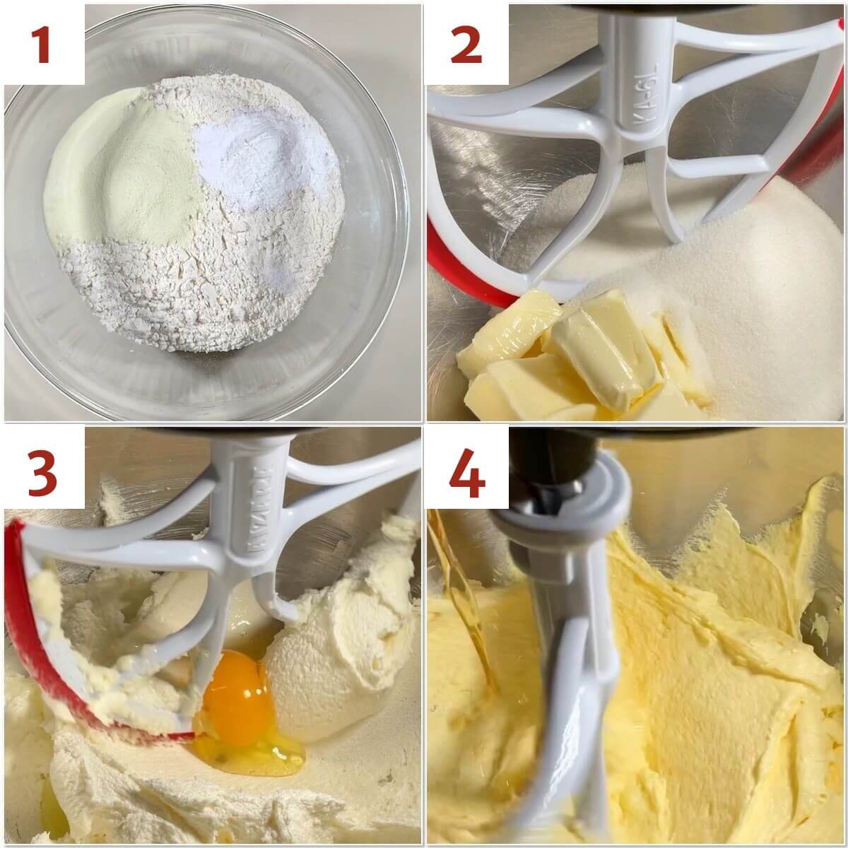 Collage of starting to mix vanilla cake batter.