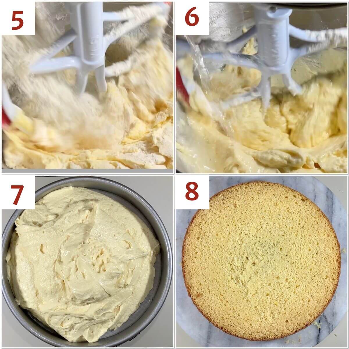 Collage of mixing in flour and water to vanilla cake batter & before & after baking.