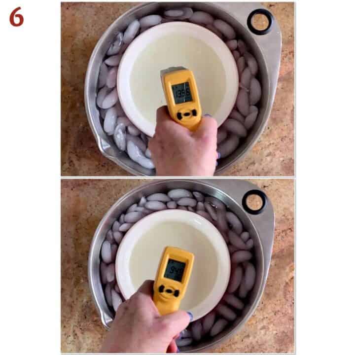Collage of checking the temperature of cooked vanilla pudding in an ice bath.