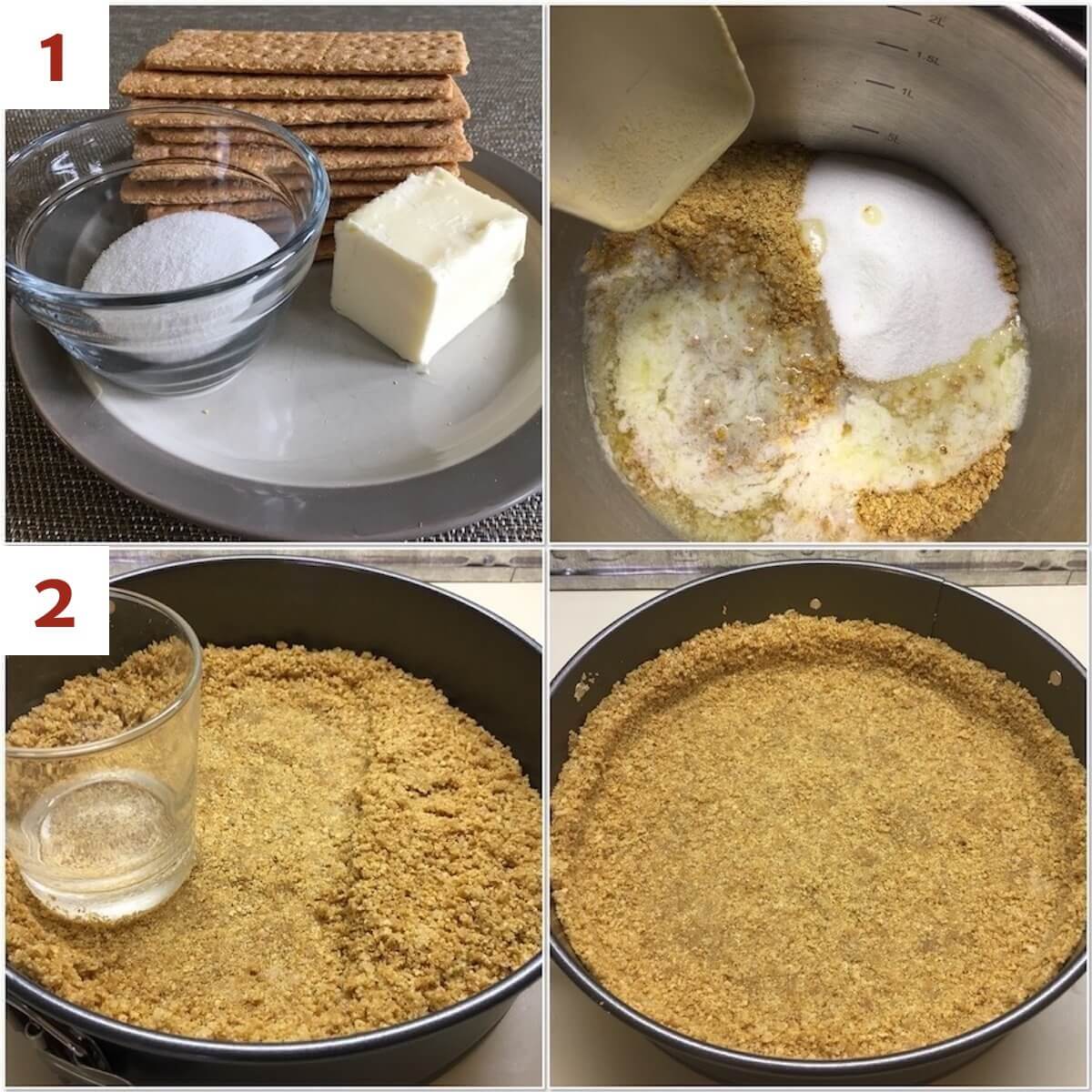 Collage of making a graham cracker crust for a springform pan.