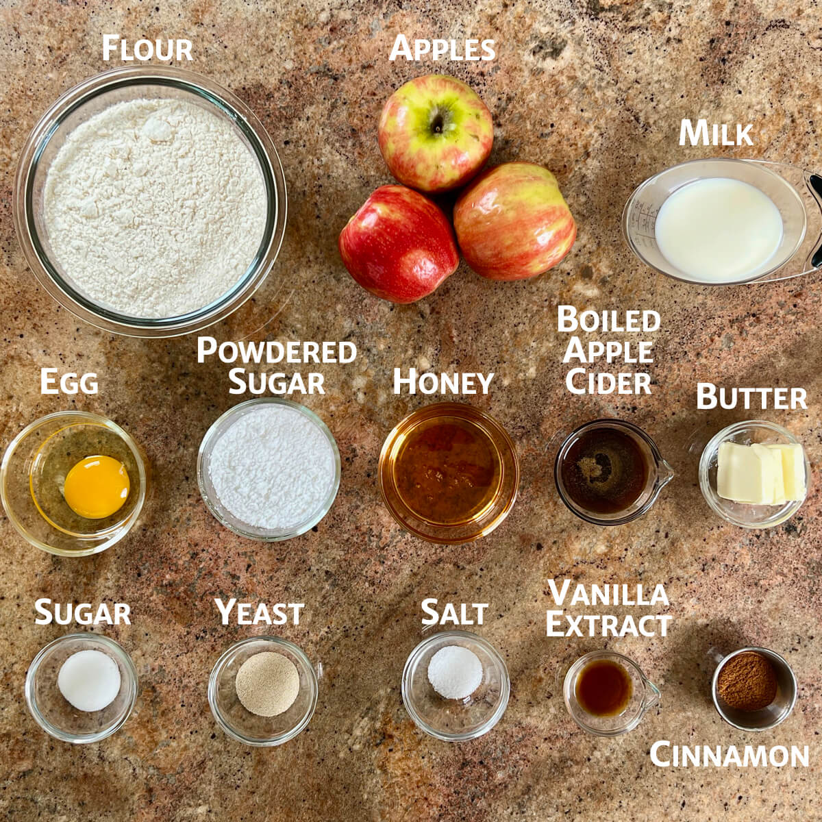Collage of ingredients for apple honey babka portioned into glass bowls from overhead.