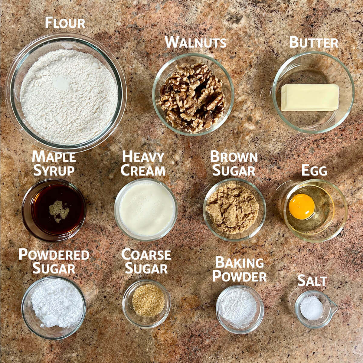 Collage of maple walnut scone dough and glaze ingredients portioned in glass bowls.