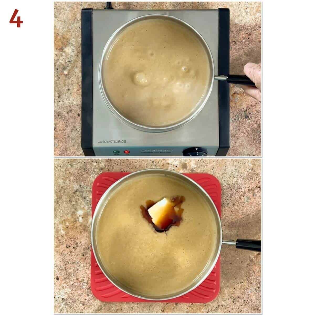 Collage of thickened cooked pudding and adding butter and vanilla.