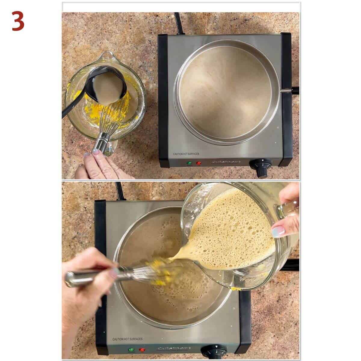 Collage of tempering the yolk mixture with the hot milk.