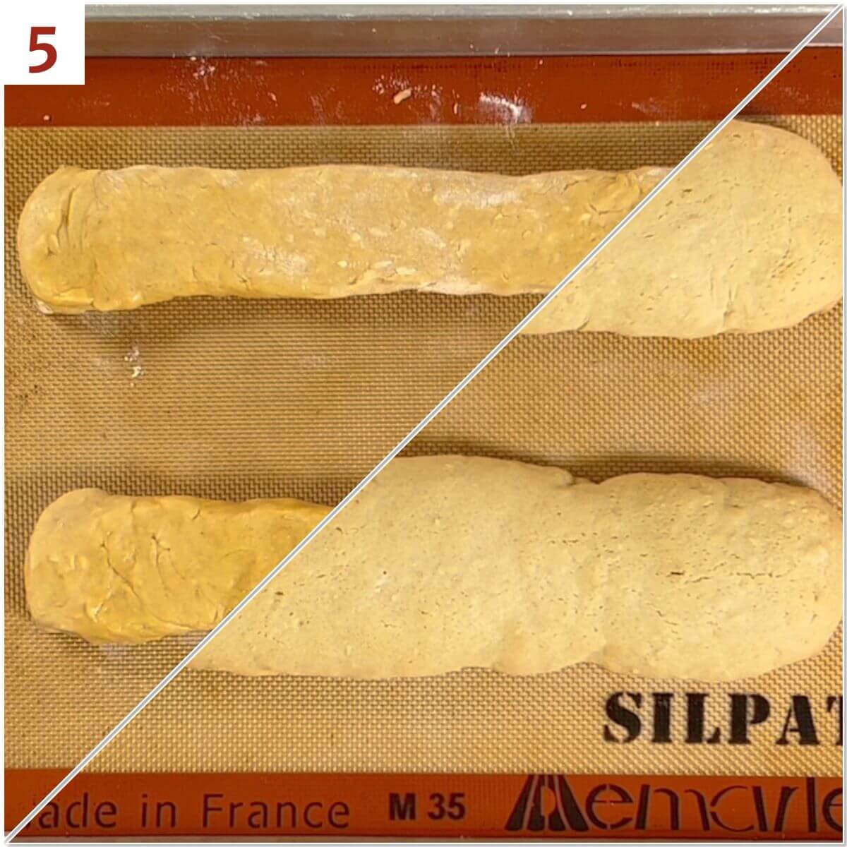 Collage of before and after baking the shaped mandel bread logs.