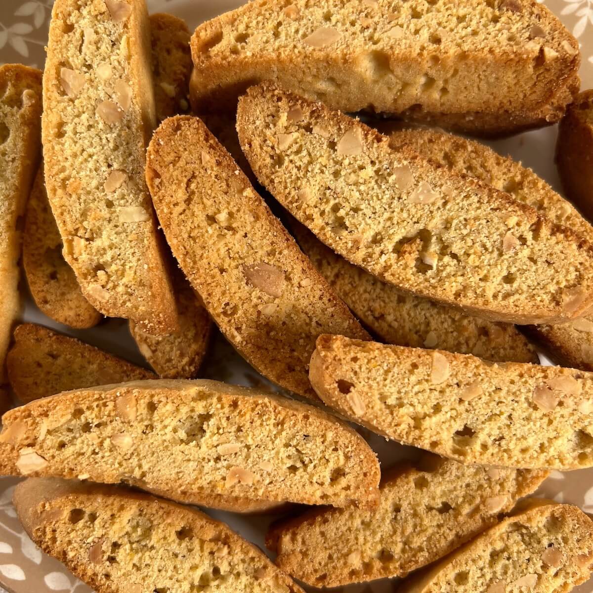 Close up of finished mandel bread on a plate.