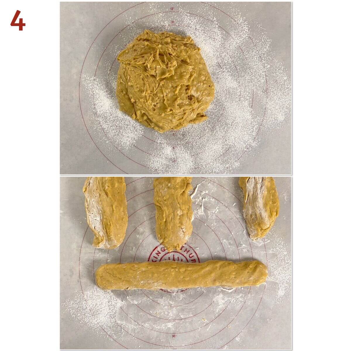 Collage of portioning and shaping the mandel bread cookie dough into 4 logs.