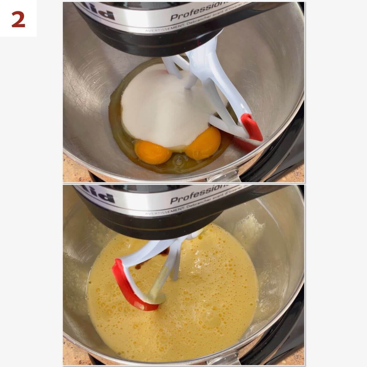 Collage of combining eggs, sugar, canola oil, melted butter, lemon juice, and vanilla and almond extracts in the bowl of a stand mixer.