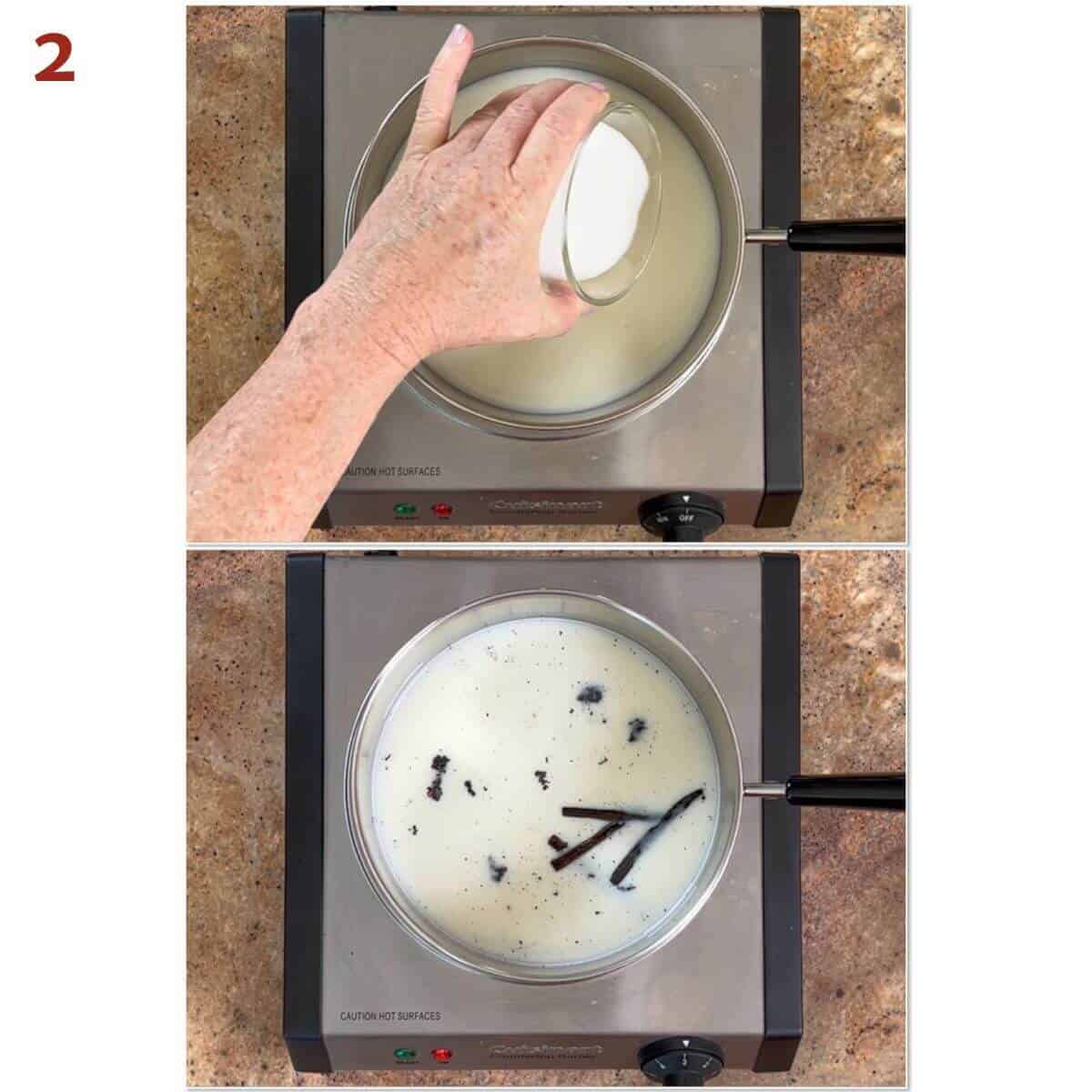 Collage of adding sugar and vanilla bean seeds and pods to the milk in a saucepan on a hot plate.