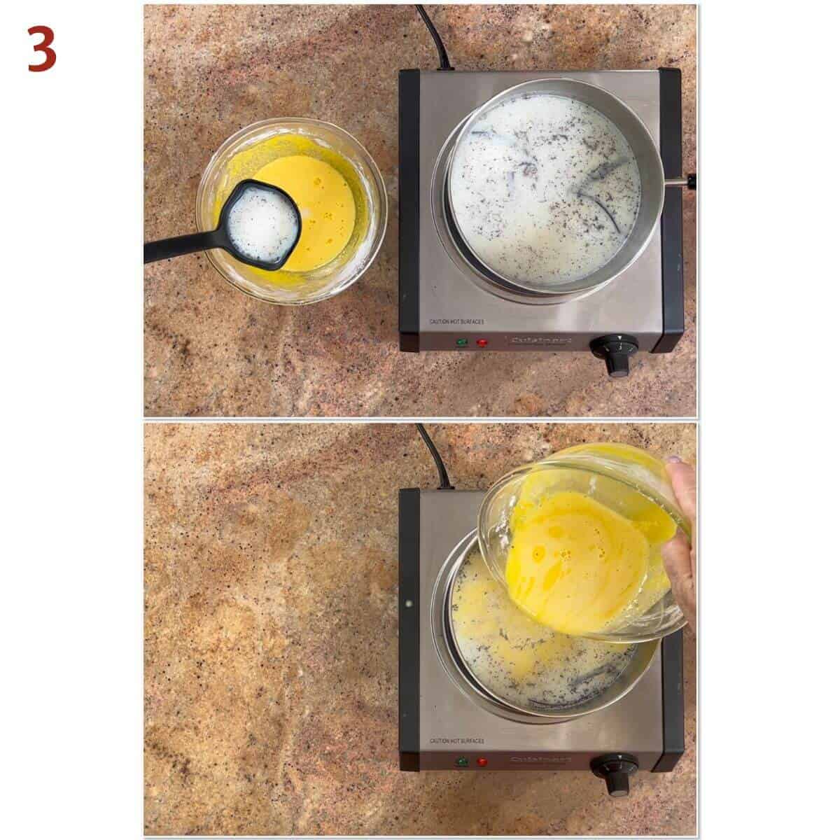 Collage of tempering the yolk mixture with the heated milk mixture, then pouring the yolks into the milk.