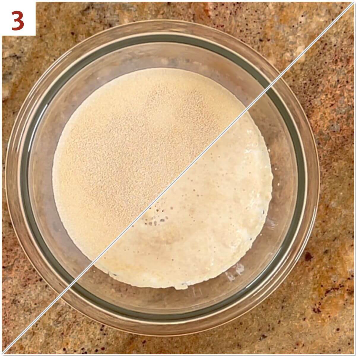 Collage of before and after proofing the yeast.