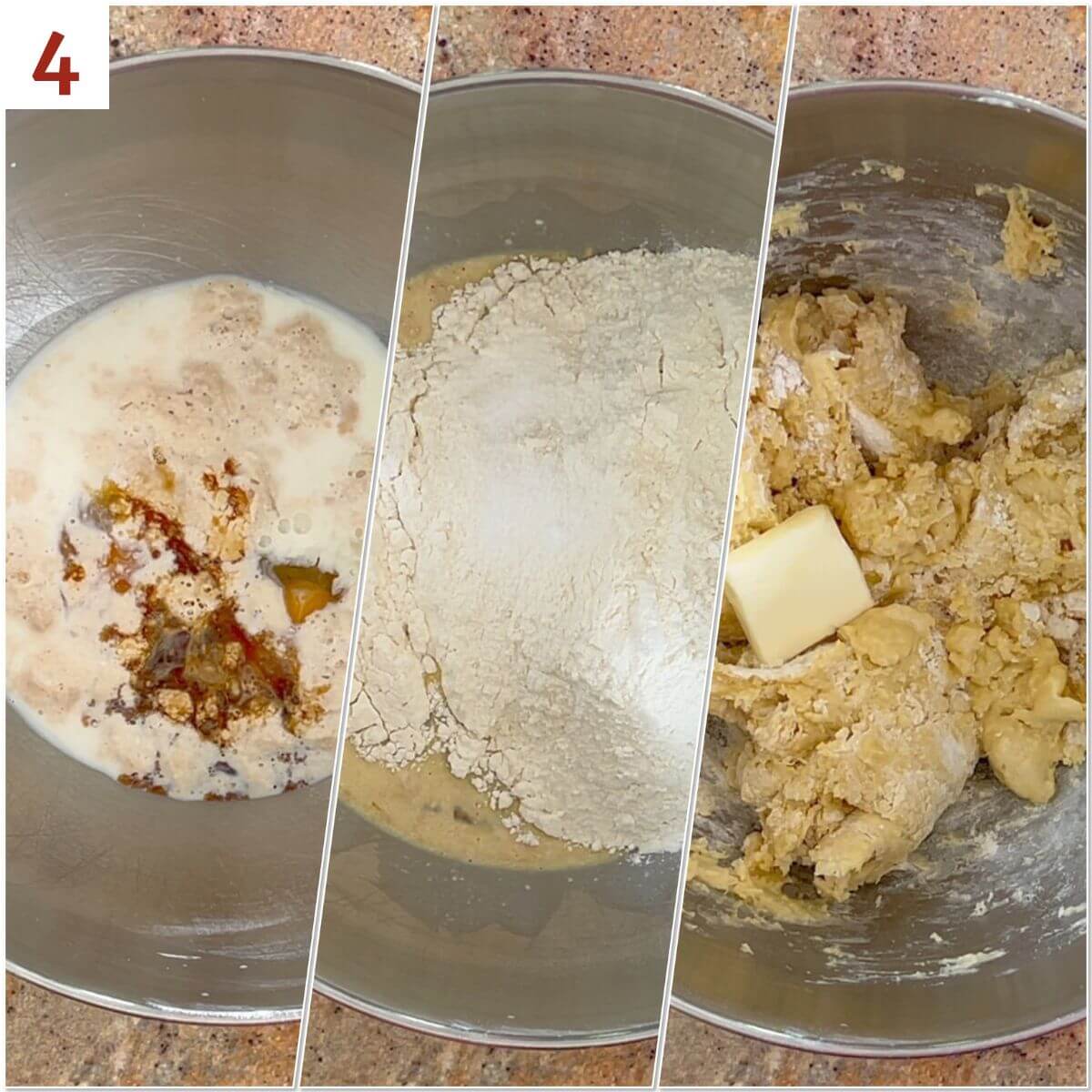 Collage of mixing the brioche bread dough.