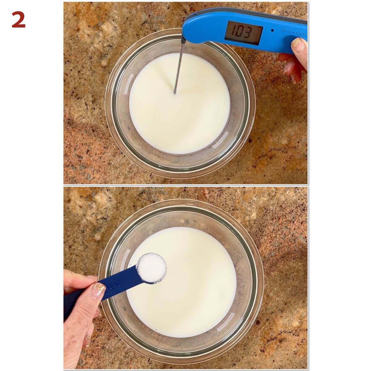 Collage of testing milk temperature and adding sugar.