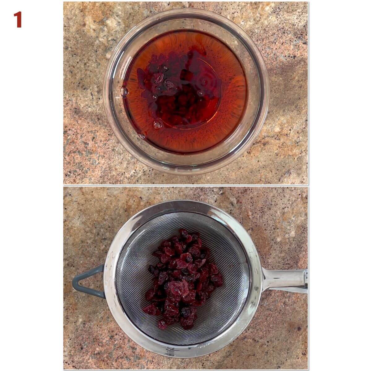 Collage of soaking and straining dried cranberries in cranberry wine.