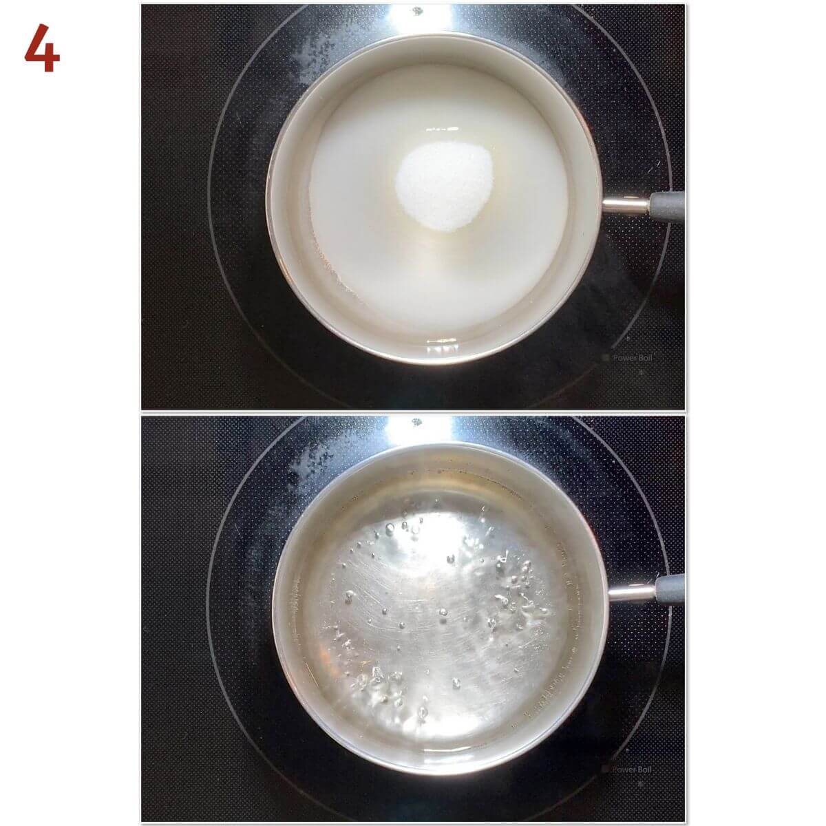 Collage of before & after dissolving sugar into water.